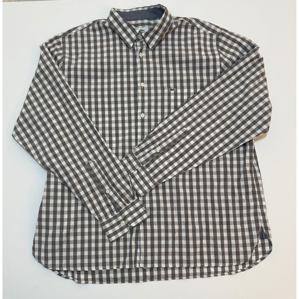 Lacoste Mens Gingham Check Button Down Shirt Grey White Classic Fit 44 CH3267